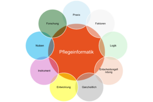 Diagramm, das die zentralen Aspekte der Pflegeinformatik zeigt, darunter Logik, Faktoren, Praxis, Nutzen, Instrument, Entwicklung, Entscheidungsfindung, und Ganzheitlichkeit, mit Pflegeinformatik im Zentrum.